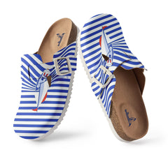 Blue and White Striped Sailboat